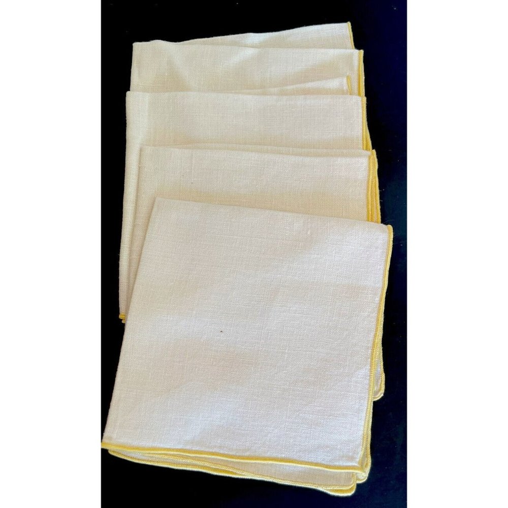 VTG 4 Linen Napkins Ecru Yellow Stitched Edge For Cocktails, Tea, Lunch, Dessert